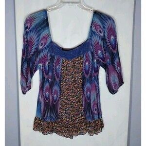 Womens Peacock Print Peasant Top Boho Sheer Floral Y2K Whimsical Size Large